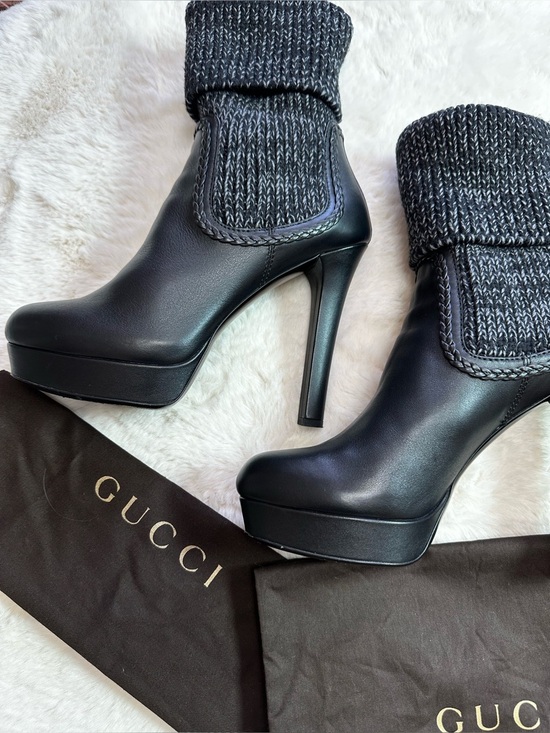 Gucci Shoes - Gucci Black Heeled Boots with Knit Cuff